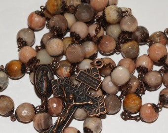 Large 10mm Faceted Sunstone Bead Rosary in Copper handmade in Oklahoma