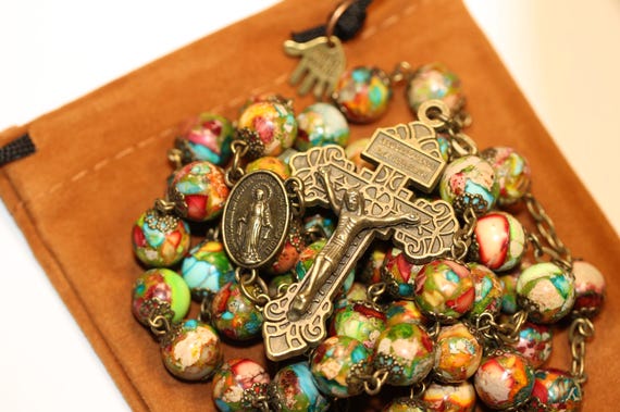 Mosaic Imperial Jasper Rosary, 10mm Bead, Bronze Pardon Crucifix & Miraculous Medal Handmade in Oklahoma