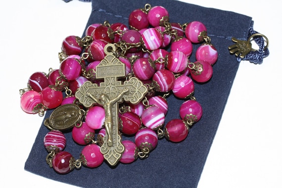 Pink Striped Agate in Bronze made in Oklahoma with Pardon Crucifix and Miraculous Medal Center