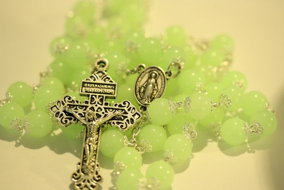 10mm Glow in the Dark Rosary in Silver with Pardon Crucifix Handmade in Oklahoma
