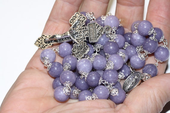 10mm Nonfaceted (smooth) Lavendar Chalcadony Bead Rosary in Silver with a Pardon Crucifix made in Oklahoma