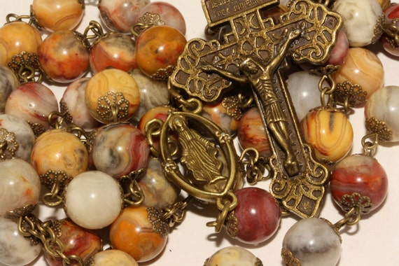 10mm Huge Crazy Lace Agate Bronze Pardon Crucifix Rosary made Oklahoma