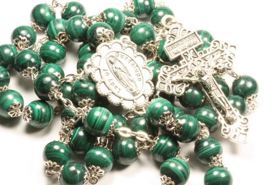 10mm Malachite  and Our Lady of Guadalupe Rosary in Silver with Pardon Crucifix made in Oklahoma