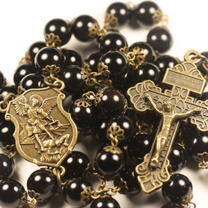 Large Bronze St. Michael and Golden Obsidian 10mm 5 Decade Bead Rosary with a Pardon Crucifix Made in Oklahoma