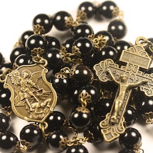 Large Bronze St. Michael and Golden Obsidian 10mm 5 Decade Bead Rosary with a Pardon Crucifix Made in Oklahoma