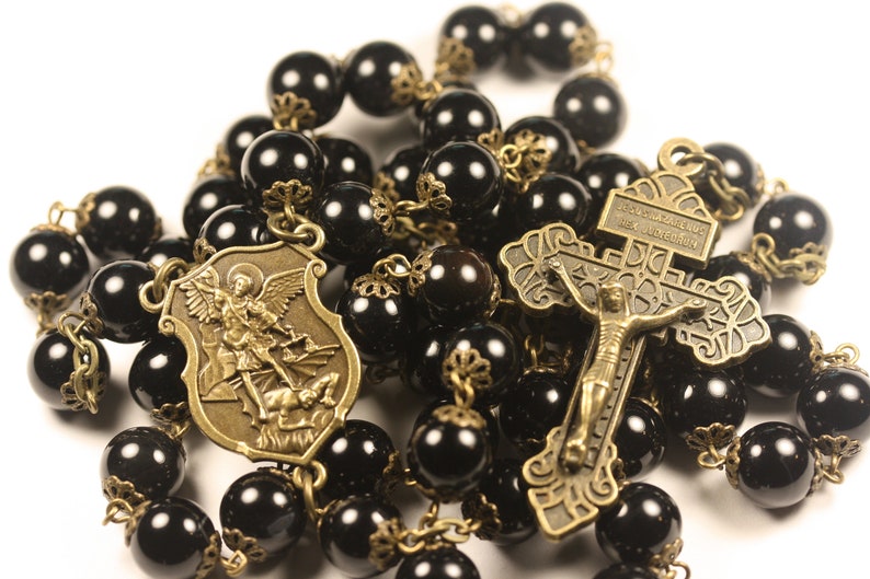 Large Bronze St. Michael and Golden Obsidian 10mm 5 Decade Bead Rosary with a Pardon Crucifix Made in Oklahoma image 1