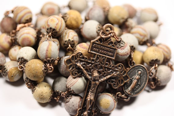 Large 10mm Red and Gold Zebra Jasper Rosary in Copper Made in Oklahoma with Pardon Crucifix