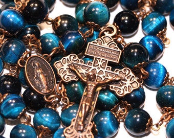 10mm Blue Tiger's Eye Rosary in Copper with a Pardon Crucifix handmade in Oklahoma