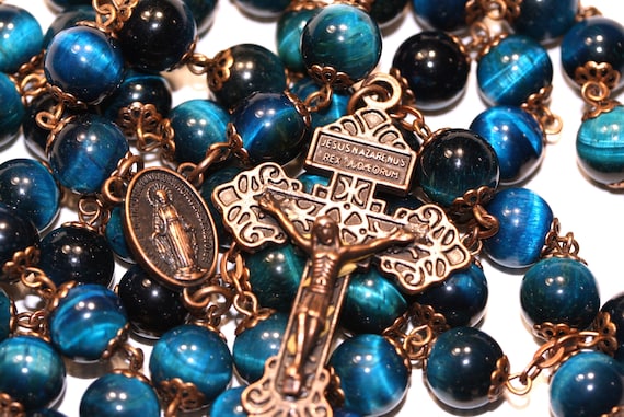 10mm Blue Tiger's Eye Rosary in Copper with a Pardon Crucifix handmade in Oklahoma