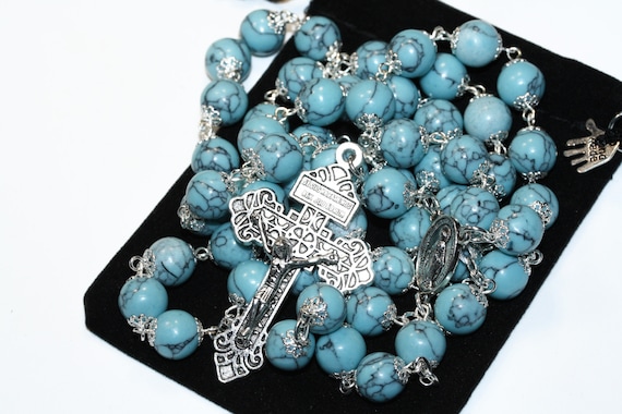 10mm Large Imitation Blue Turquoise and Silver Rosary Made in Oklahoma with Pardon Crucifix