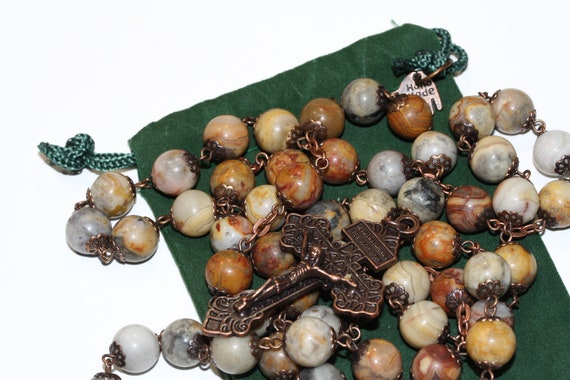 10mm Large Crazy Lace Agate Copper Pardon Crucifix Rosary made Oklahoma