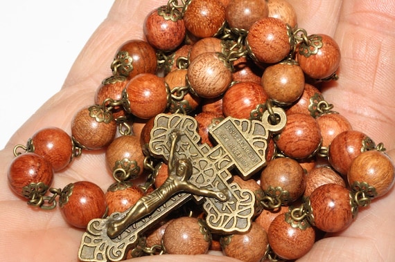 Large 10mm Palm  Wood Rosary in Bronze made in  Oklahoma 5 decade Pardon Crucifix very very light weight