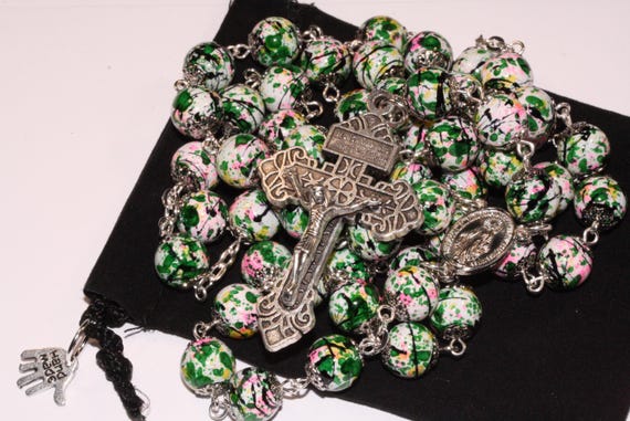 10mm Ceramic Painted Green Pink and Yellow on White Rosary in Silver with Pardon Crucifix made in Oklahoma