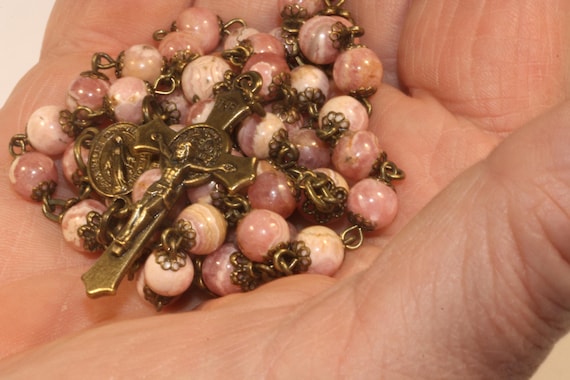 Tiny 5mm Peruvian Rhodochrosite Rosary  in Bronze Handmade in Oklahoma,