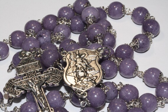 St. Michael Rosary in Lavender Chalcedony Rosary: Silver Pardon Crucifix, Handmade Oklahoma