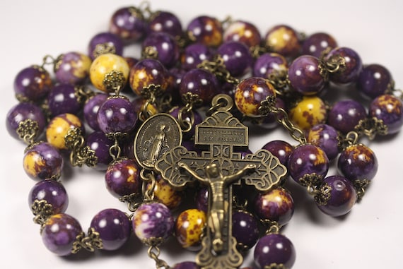 Large 10mm Purple and Gold Ceramic  Rosary in  Bronze With Miraculouse Medal and Pardon Crucifix Handmade in Oklahoma