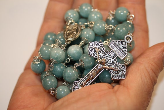 10mm Nonfaceted (smooth) Aquamarine Chalcedony Bead Rosary in Silver with a Pardon Crucifix made in Oklahoma