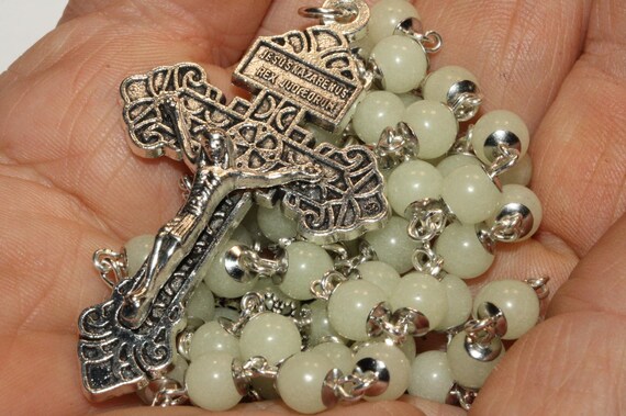 Tiny 5mm Glow in the Dark Rosary with a Pardon Crucifix in Silver Handmade in Oklahoma