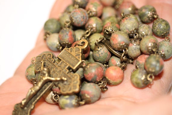 10mm Large Unpolished Matte Unakite Stone Rosary in Bronze made in Oklahoma with Pardon Crucifix
