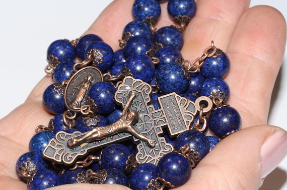 Lapis and Copper 10mm oversized Rosary handmade in Oklahoma 10mm Stone Beads Large