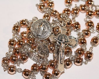 Standard 7mm Golden Hematite St. Benedict Rosary in Silver made in Oklahoma