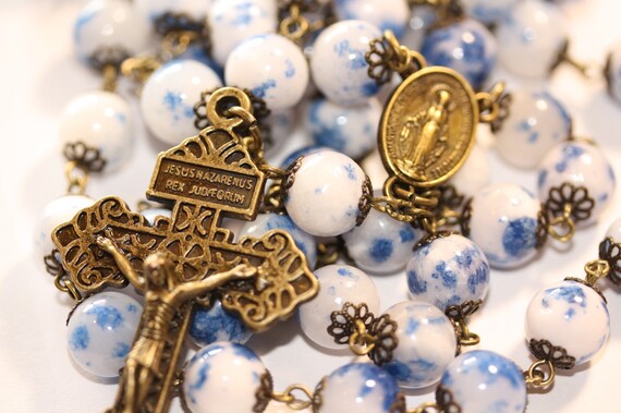 Blue Spot Jasper Rosary in Bronze made in Oklahoma with Pardon Crucifix