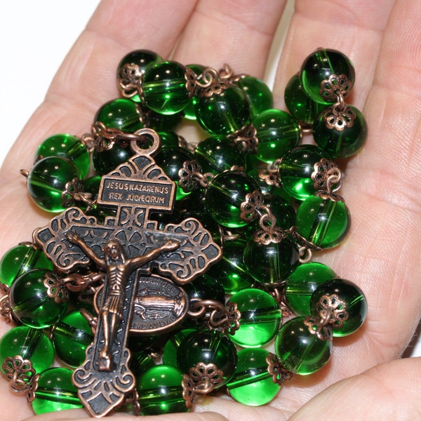 10mm Peridot and Copper oversized Rosary handmade in Oklahoma with a Pardon Crucifix