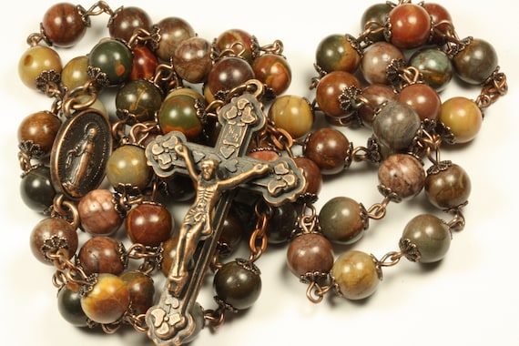 Standard 8mm ite and Bronze 5 Decade Natural Stone Bead Rosary Made in Oklahoma