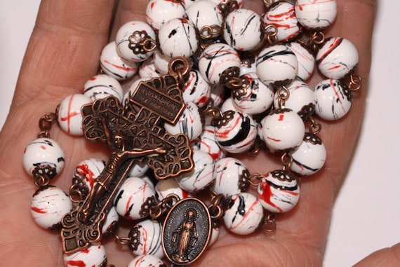 10mm Ceramic Painted Black Red and White Rosary in Copper with Pardon Crucifix made in Oklahoma