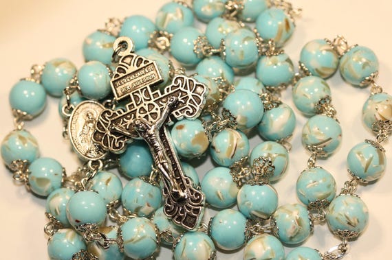 10mm Light Blue Beads with Shell Pieces Rosary, in Silver Pardon Crucifix, Handmade Oklahoma