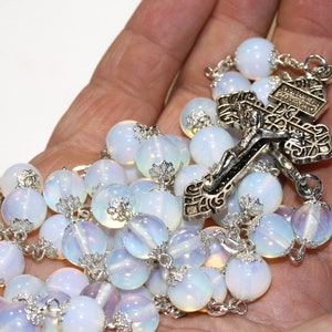 Large 10mm Opalite (Imitation Opal) in Silver Handmade Rosary Handmade in  Oklahoma 5 decade with Pardon Crucifix Smooth Beads