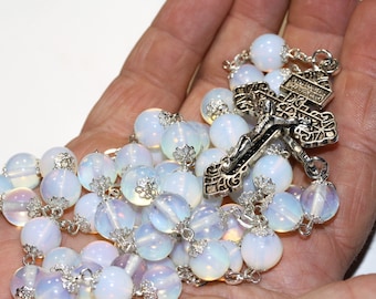 Large 10mm Opalite (Imitation Opal) in Silver Handmade Rosary Handmade in  Oklahoma 5 decade with Pardon Crucifix Smooth Beads
