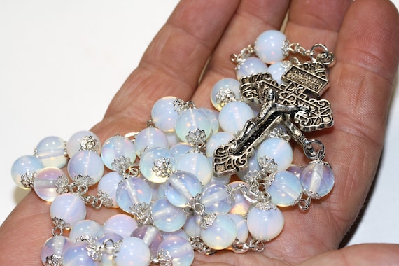 Large 10mm Opalite (Imitation Opal) in Silver Handmade Rosary Handmade in  Oklahoma 5 decade with Pardon Crucifix Smooth Beads