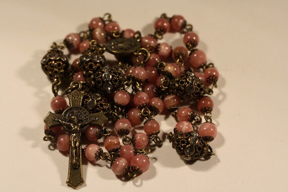 Tiny 5mm Peruvian Rhodocrosite Rosary in Bronze Handmade in Oklahoma