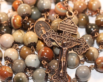 Large 10mm Many Color Jasper in Copper Handmade Rosary Handmade in  Oklahoma 5 decade Pardon Crucifix