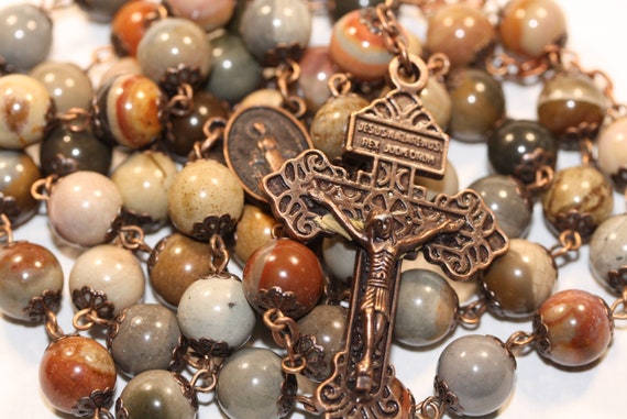 Handmade Jasper Rosary: Copper Pardon Crucifix, Miraculous Medal