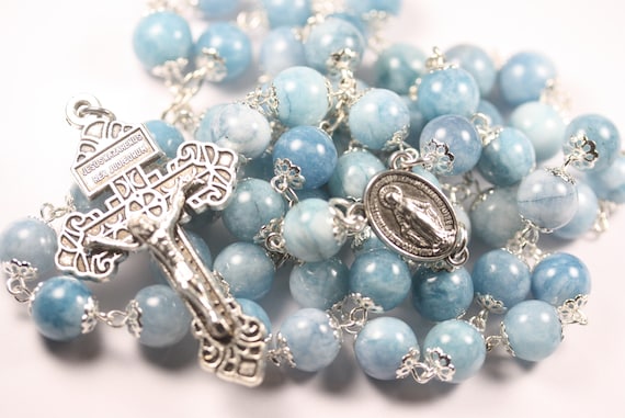 Large 10mm Light Blue Chalcedony Rosary, Silver, 5 Decade, Pardon Crucifix, Handmade in Oklahoma