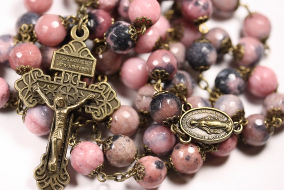 Large 10mm Non-faceted Pink and Black Rhodocrosite Rosary in Bronze With Miraculous Medal and Pardon Crucifix Handmade in Oklahoma