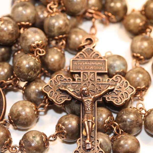 Chocolate Labradorite in Copper 10mm 5 Decade Smooth Bead Rosary with a Pardon Crucifix Made in Oklahoma