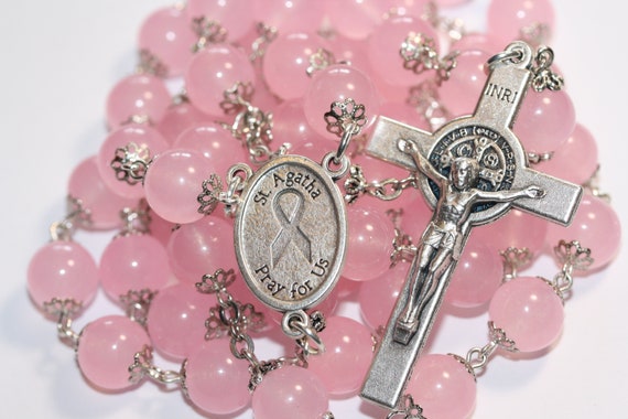 10mm Rose Quartz St. Agetha Breast Cancer Rosary made in Oklahoma