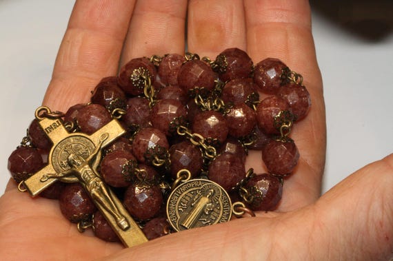 St. Benedict Large 10mm Purple Quartz Bead Rosary in Bronze Handmade Oklahoma Faceted Stones