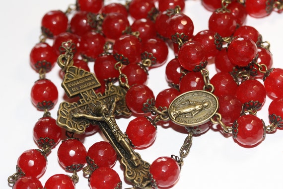10mm Dyed Red Jade Rosary in Bronze made in Oklahoma