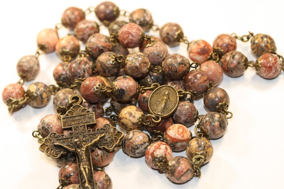 10mm Large Leopardskin Jasper Rosary in Copper made in Oklahoma with a Pardon Crucifix