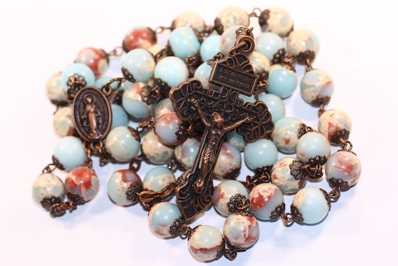 10mm Snakeskin Stone Rosary in Copper with Pardon Crucifix made in Oklahoma