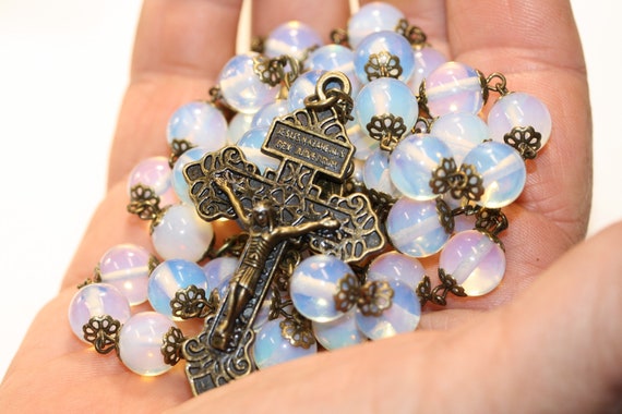 Large 10mm Opalite (Imitation Opal) in Bronze Handmade Rosary Handmade in  Oklahoma 5 decade with Pardon Crucifix Smooth Beads
