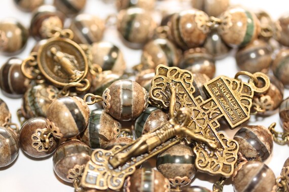 DZI Stone Rosary in Bronze made in Oklahoma with Pardon Crucifix