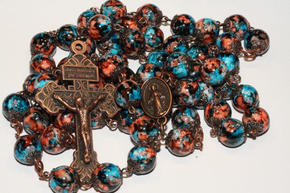 10mm Ceramic Painted Blue and Orange Rosary in Copper with Pardon Crucifix made in Oklahoma