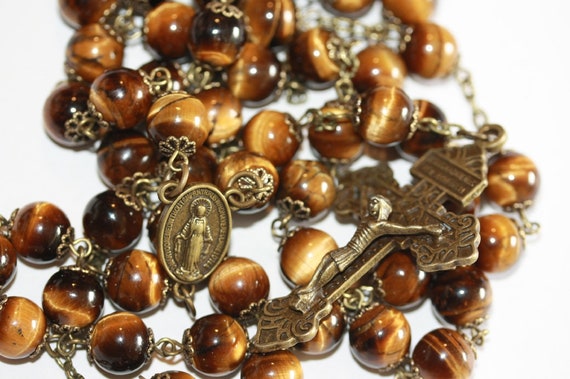 10mm Tiger's Eye Rosary in Bronze with a Pardon Crucifix handmade in Oklahoma