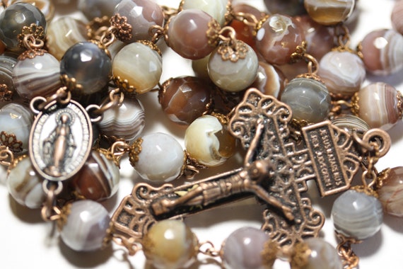 Large 10mm Faceted Bead Botswana Agate in Copper Rosary made in Oklahoma