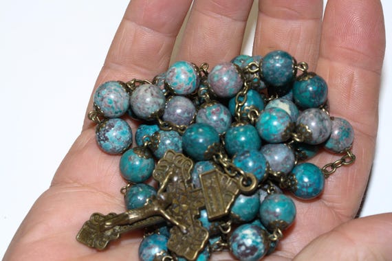 10mm Turquoise Mediterranean Jasper Rosary, Bronze Crucifix, Miraculous Medal (26 inches)